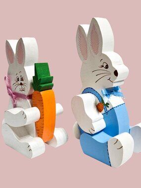 Pair of Hand-crafted wooden Rabbits, Bunny Easter folkart, rustic, farmhouse